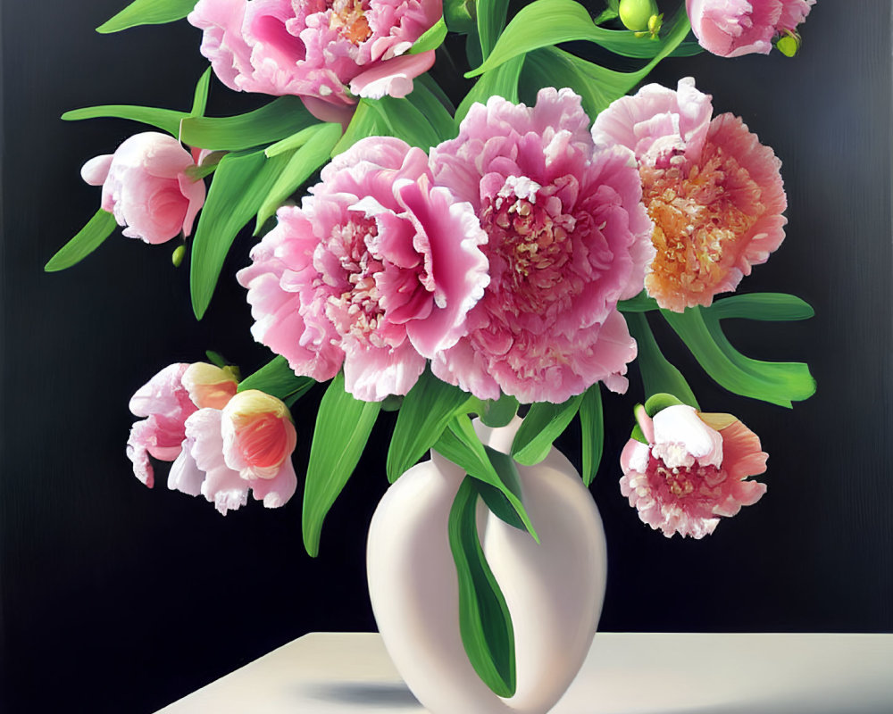Detailed Painting of Pink Peonies in White Vase