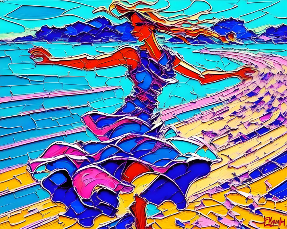 Colorful Abstract Painting of Running Woman with Exaggerated Features