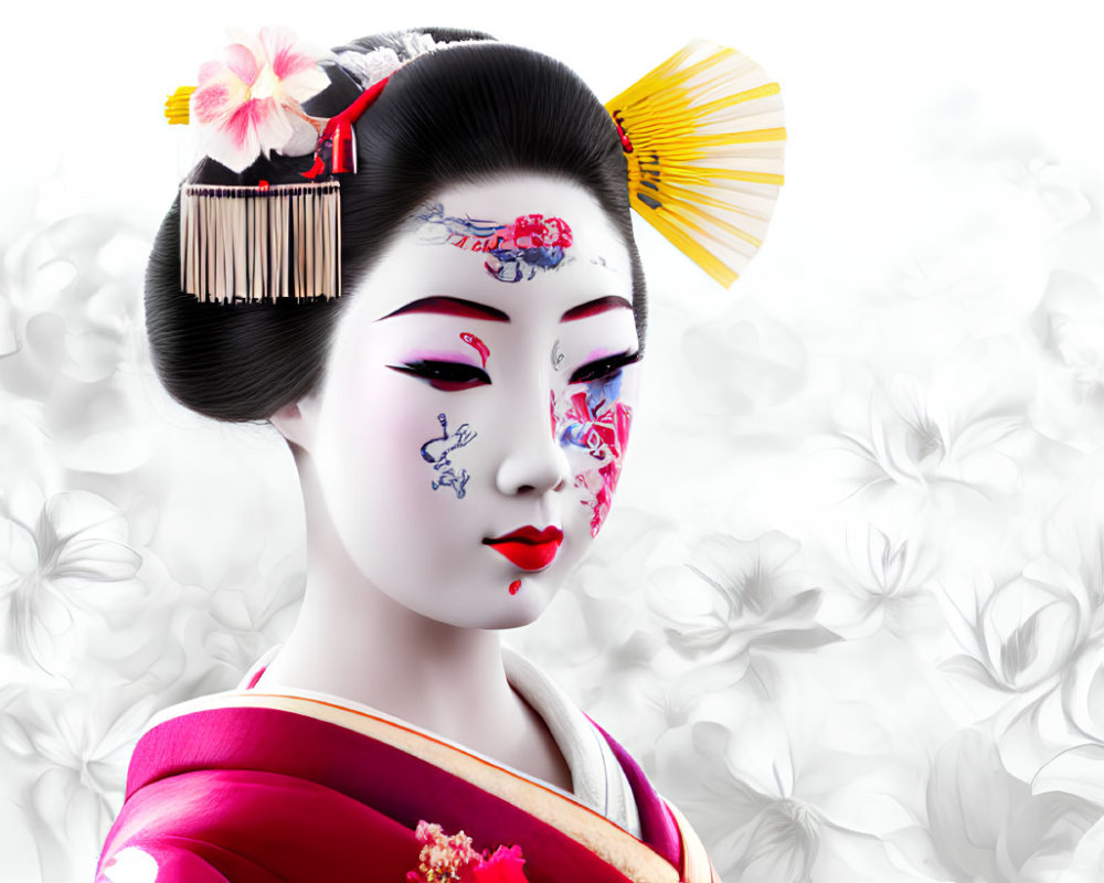 Digital artwork of geisha with white makeup and golden fan on floral background