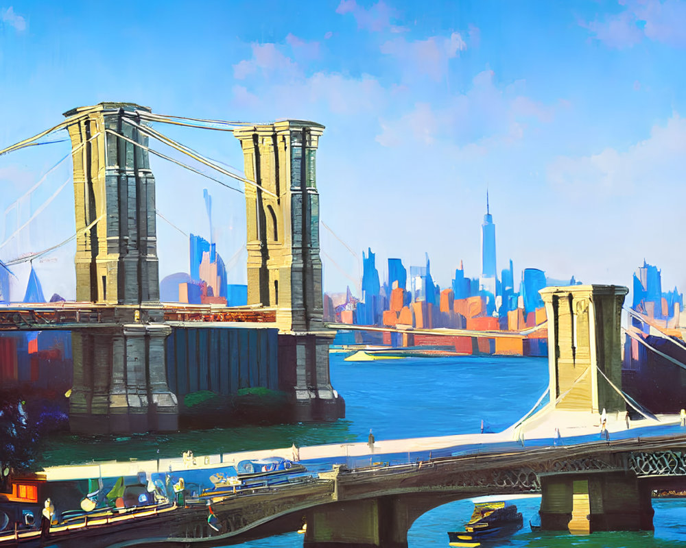 Brooklyn Bridge painting with NYC skyline and One World Trade Center