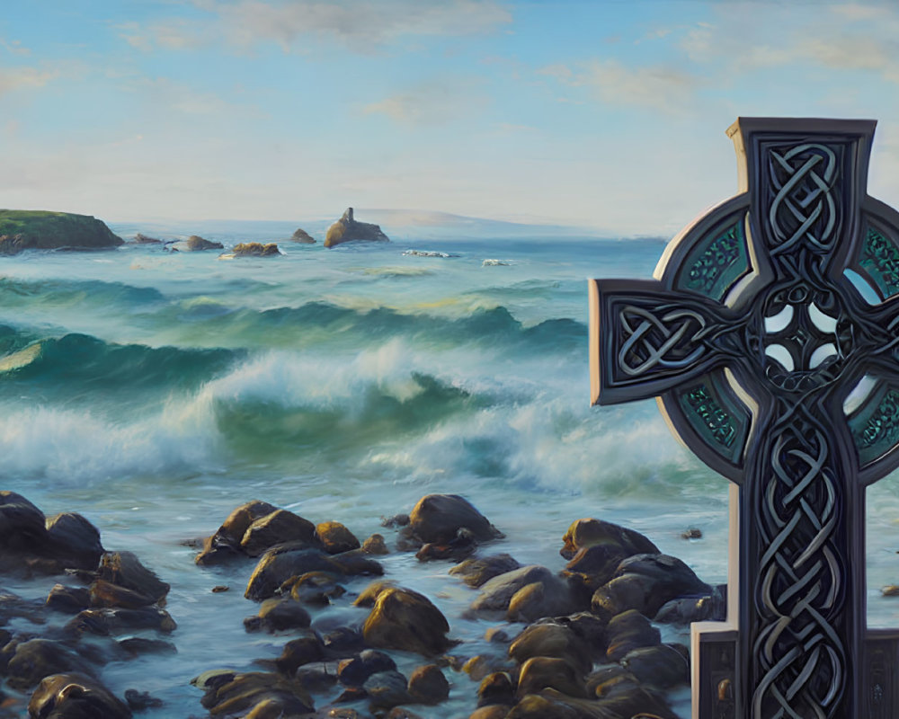 Tranquil Celtic cross overlooking rocky shores and ancient ruins in serene seascape