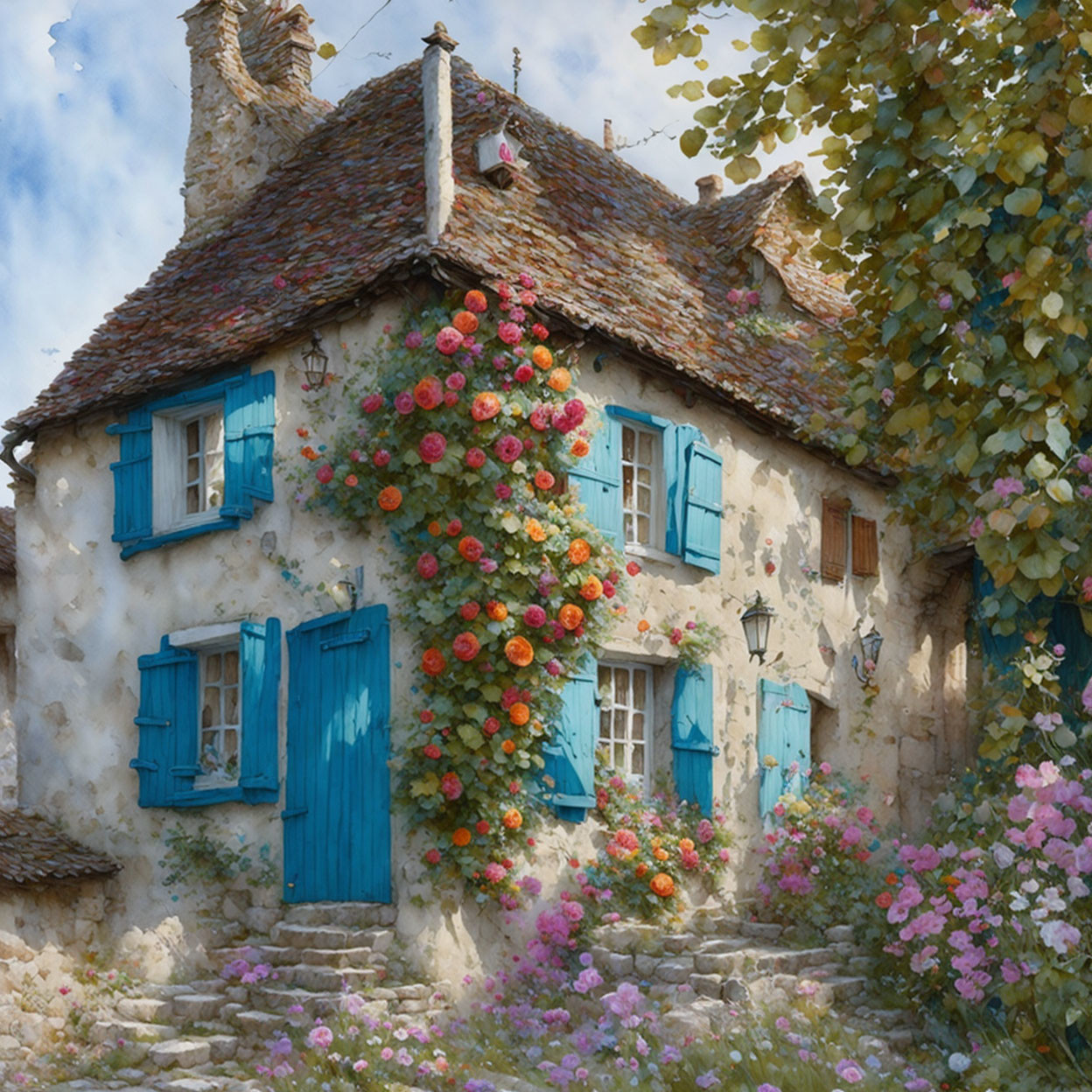 Thatched Roof Cottage with Blue Shutters and Roses in Bloom