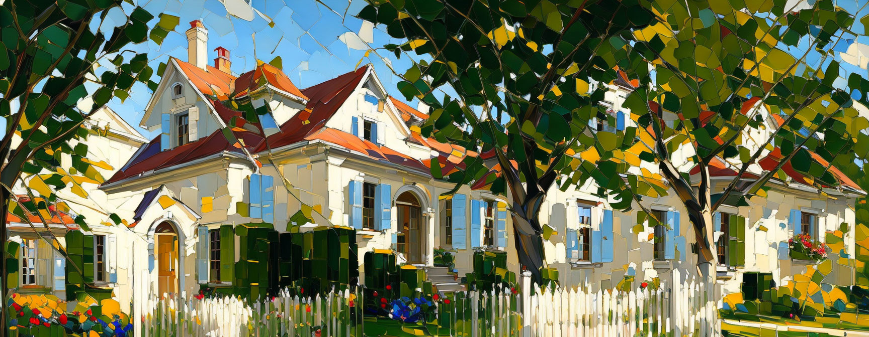 Impressionist-style painting of quaint houses and lush greenery