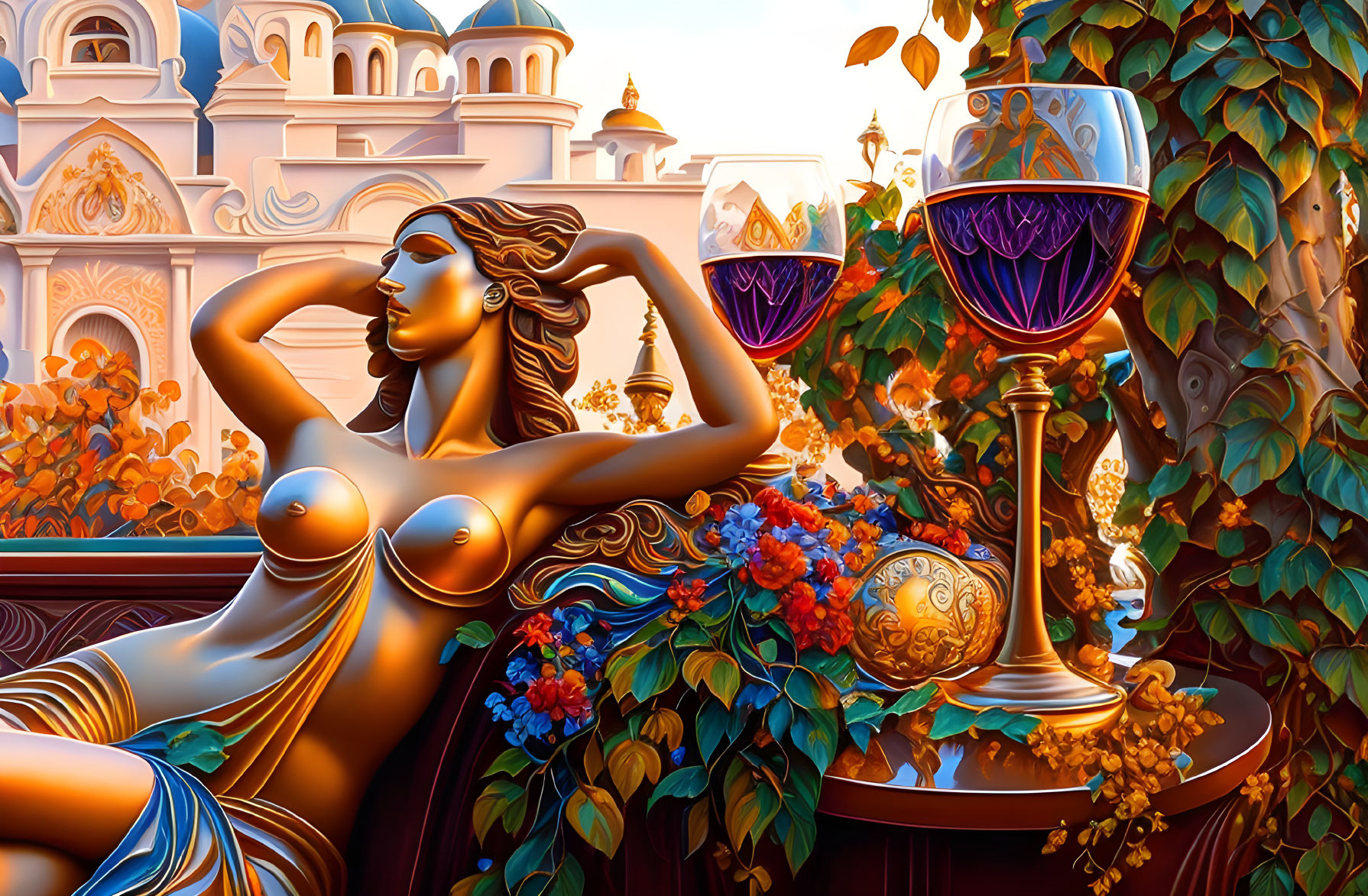 Vibrant stylized image of reclining woman with golden skin, goblets, vines, and