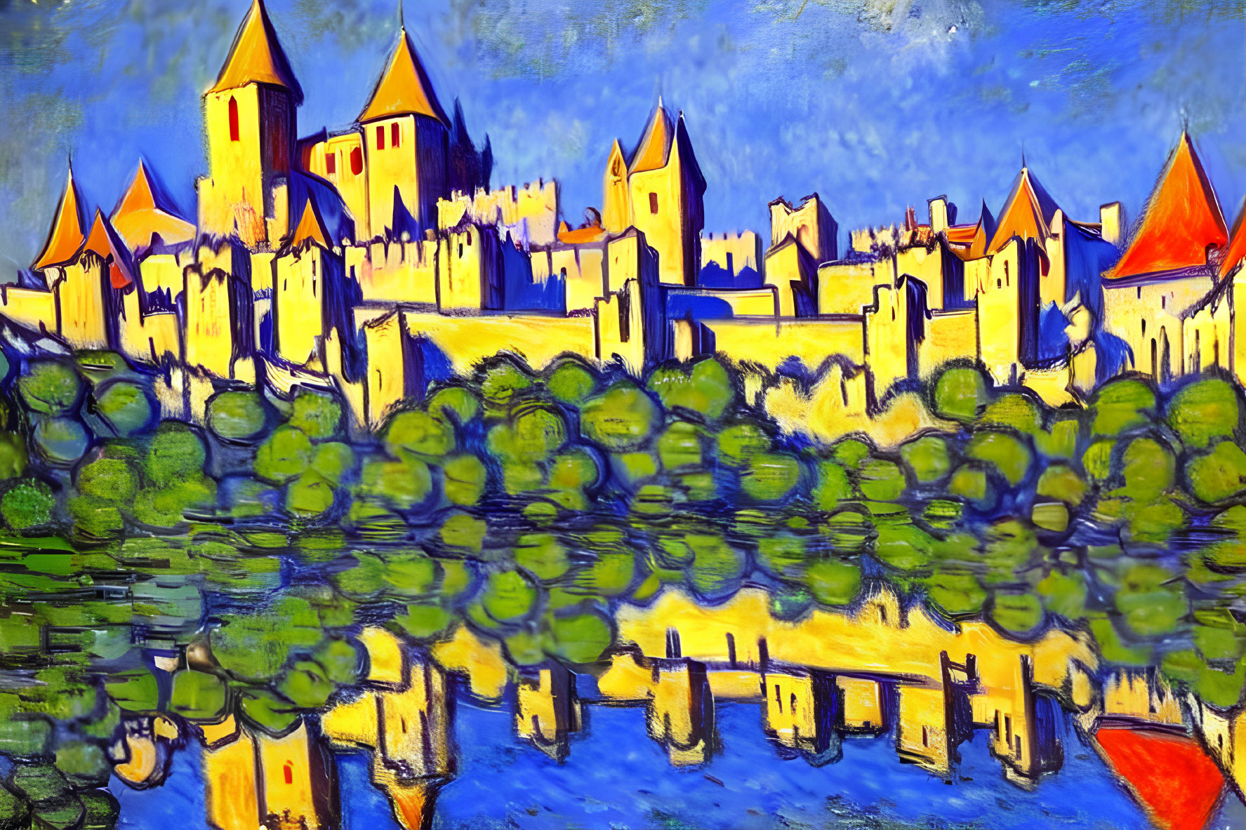 Medieval walled city painting in bold blue and yellow hues