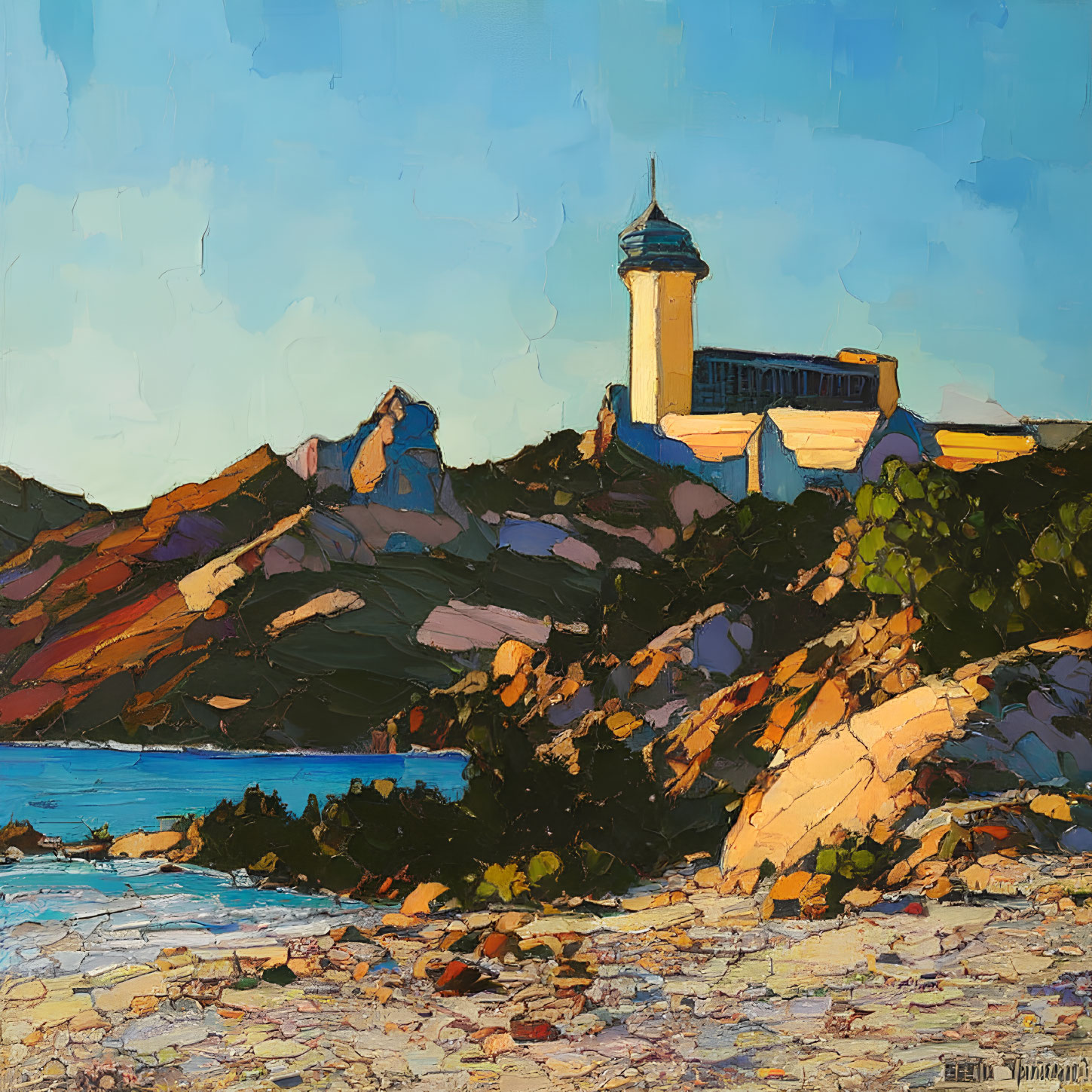 Colorful coastal painting with lighthouse, blue sea, cliffs, and clear sky