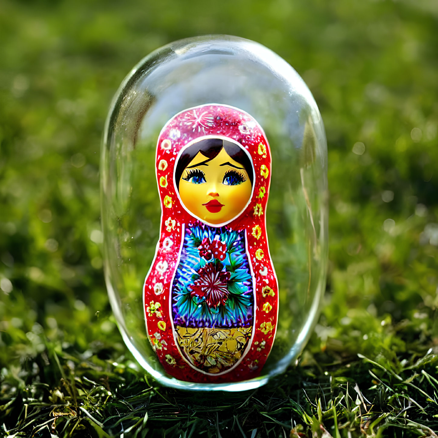 Colorful traditional Russian Matryoshka doll in glass dome on grassy background