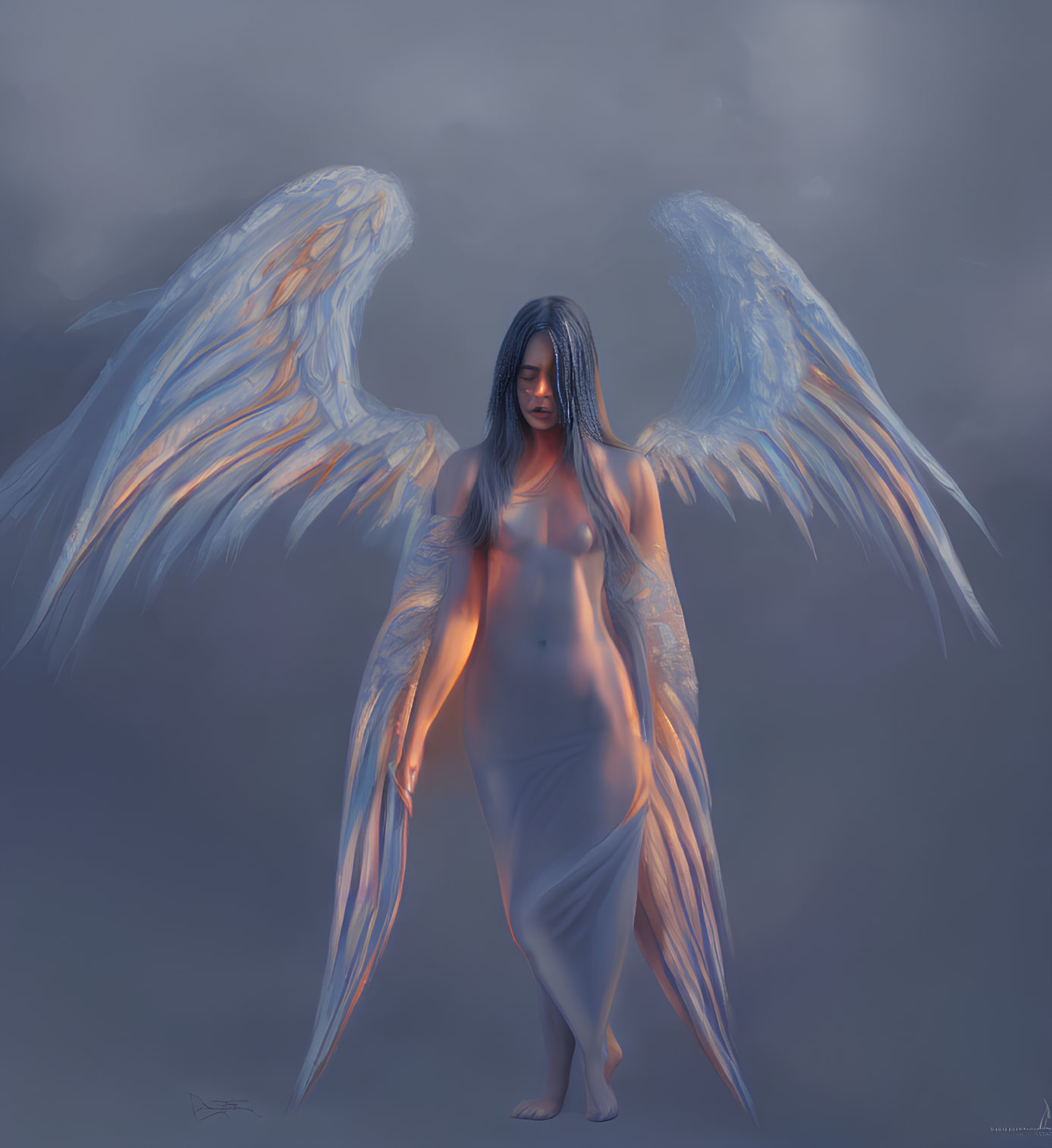 Digital artwork: solemn angelic figure with blue wings in cloudy sky