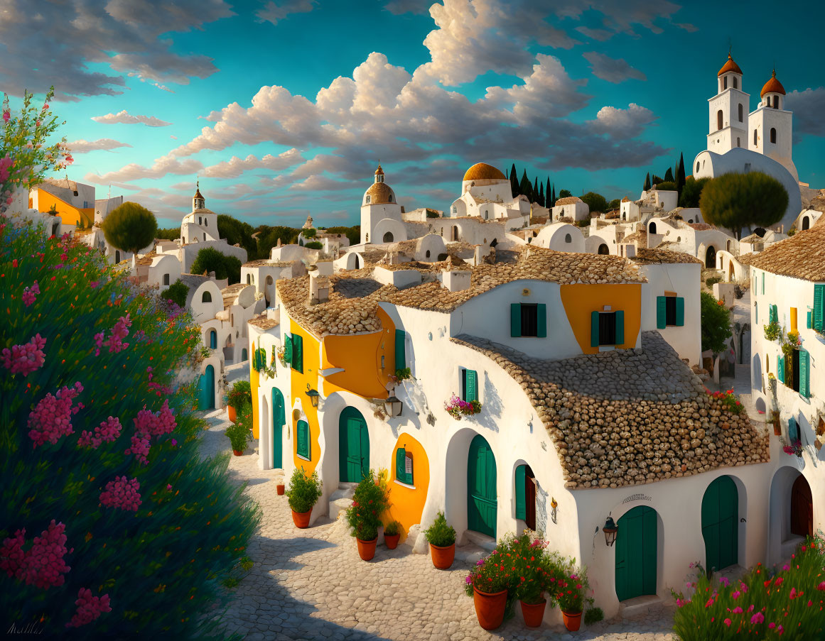 Picturesque Mediterranean village with white and yellow buildings, cobblestone streets, vibrant flowers, and blue
