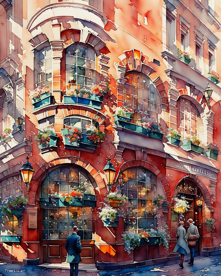 Colorful watercolor painting of a classic street scene with a red brick building and flower boxes under a