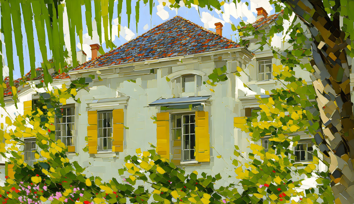 Quaint White House with Yellow Shutters and Red Roof in Impressionist Style