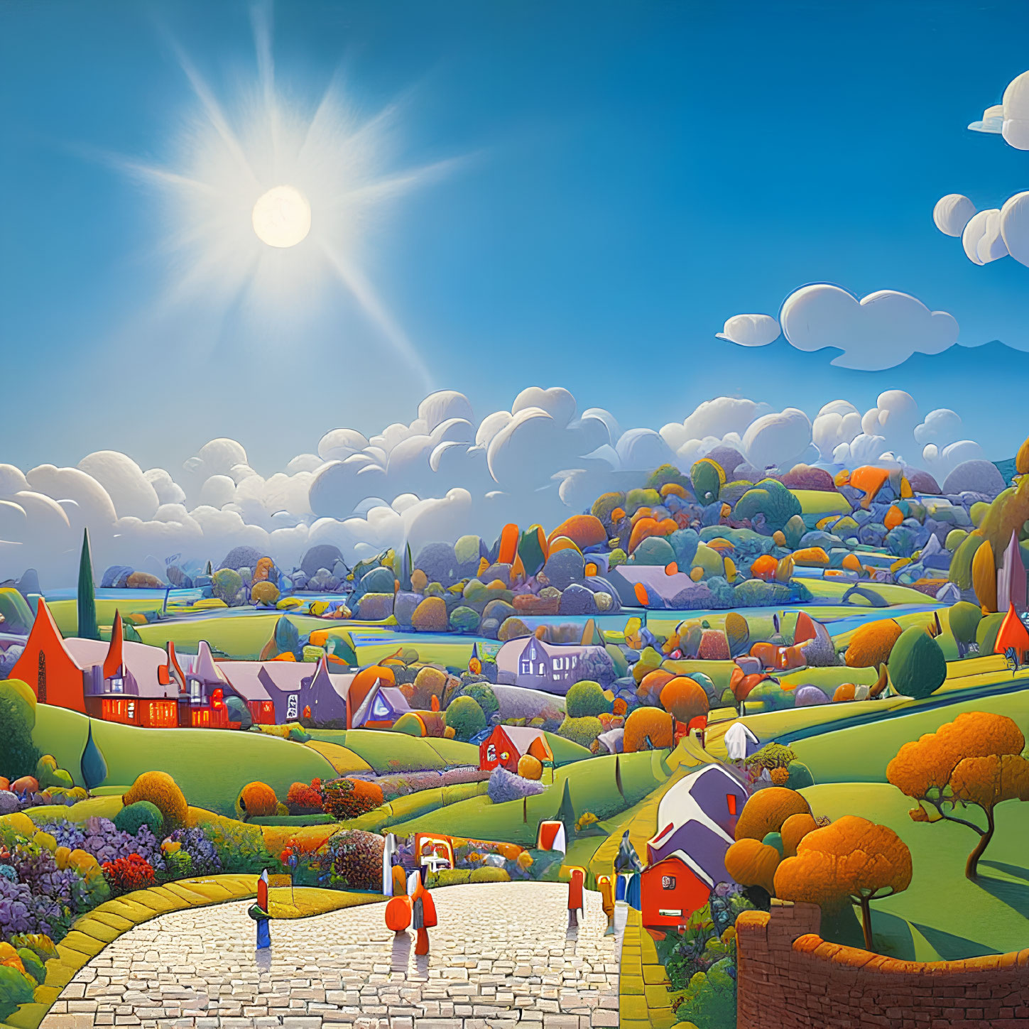 Colorful painting of sunny landscape with houses, trees, people, and clouds