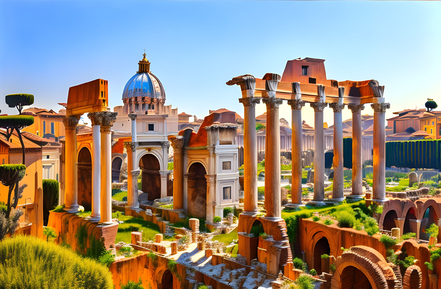 Ancient Roman ruins with columns and arches under blue sky and historical building dome.