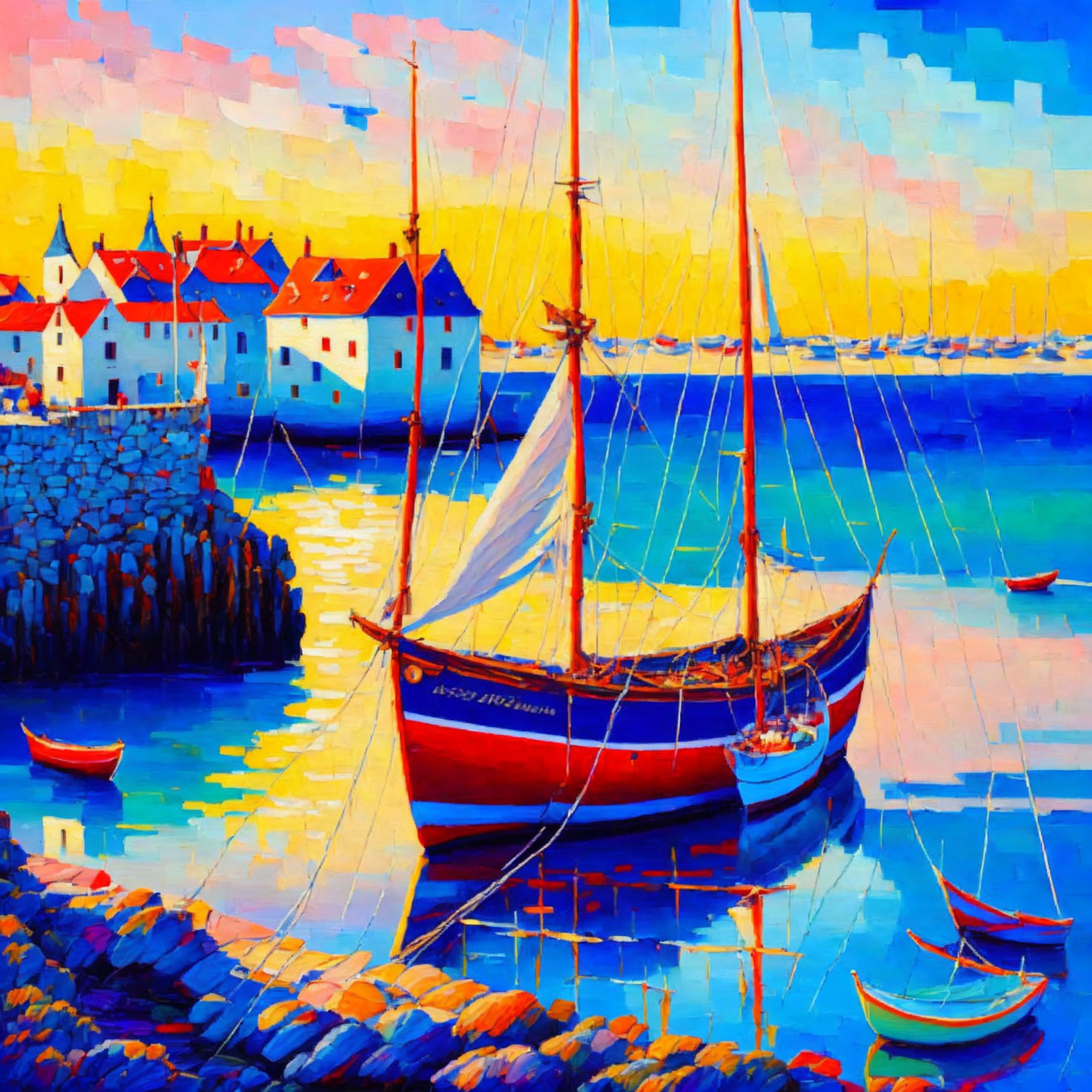 Colorful painting of red boat in harbor with white houses, stone pier, and sunset sky.