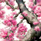 Cherry Blossom Tree Art with Pink Flowers and Asian Calligraphy