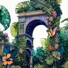 Ornate archway in lush tropical setting with vibrant flowers