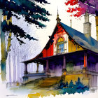 Victorian house watercolor illustration with red roof and trees under cloudy sky