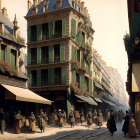 Historical 19th-Century City Street Scene with Period Attire and Quaint Buildings