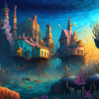 Colorful Underwater Scene with Coral, Castles, Fish, and Shipwreck