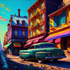 Vibrant vintage painting of sunny street with green car