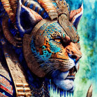 Colorful Tiger with Egyptian Headdress on Cloudy Sky Background