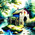 Colorful Watercolor Illustration of Quaint Stone Mill in Woodland Setting