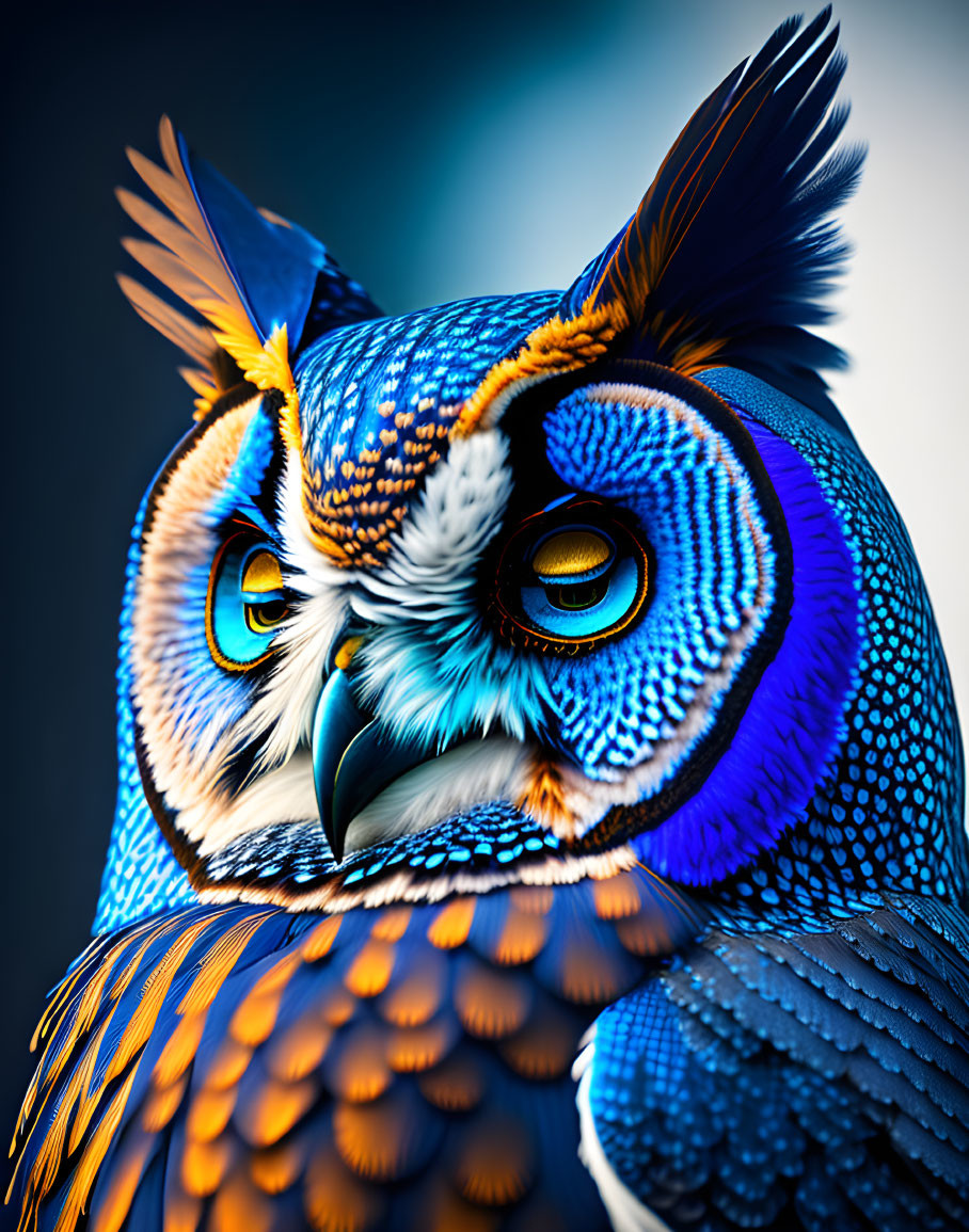 Colorful Owl Artwork with Blue and Orange Feathers and Yellow Eyes