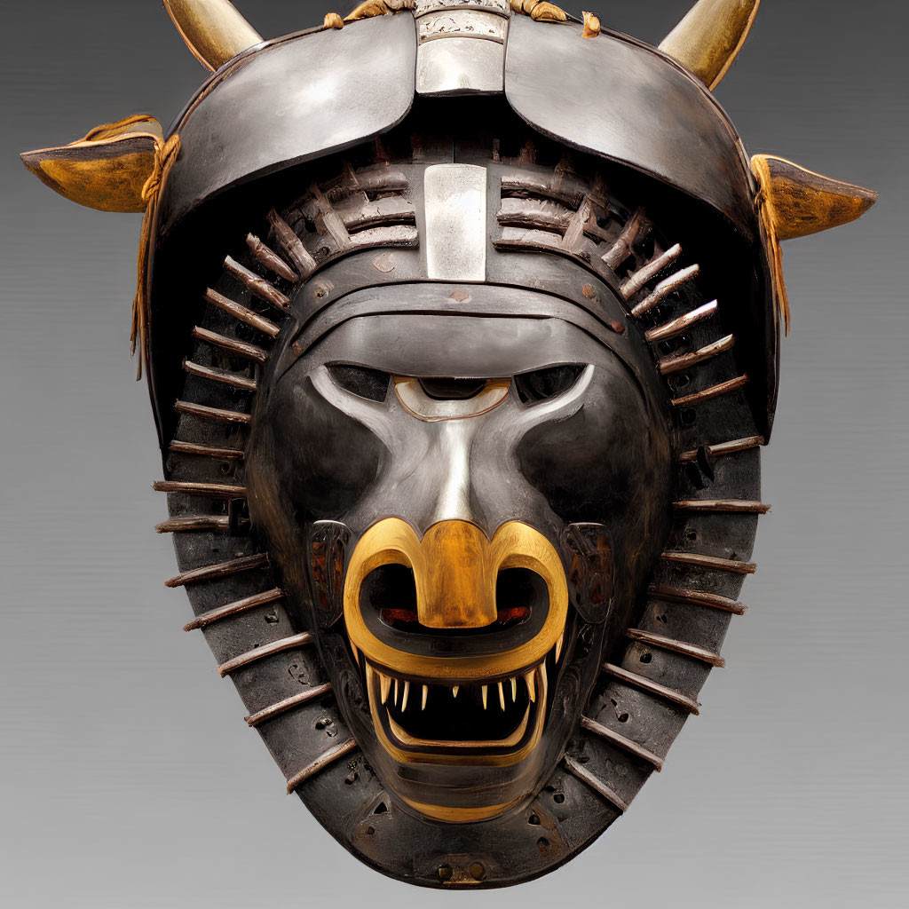 Traditional Samurai Mask with Metallic Elements and Golden Accents