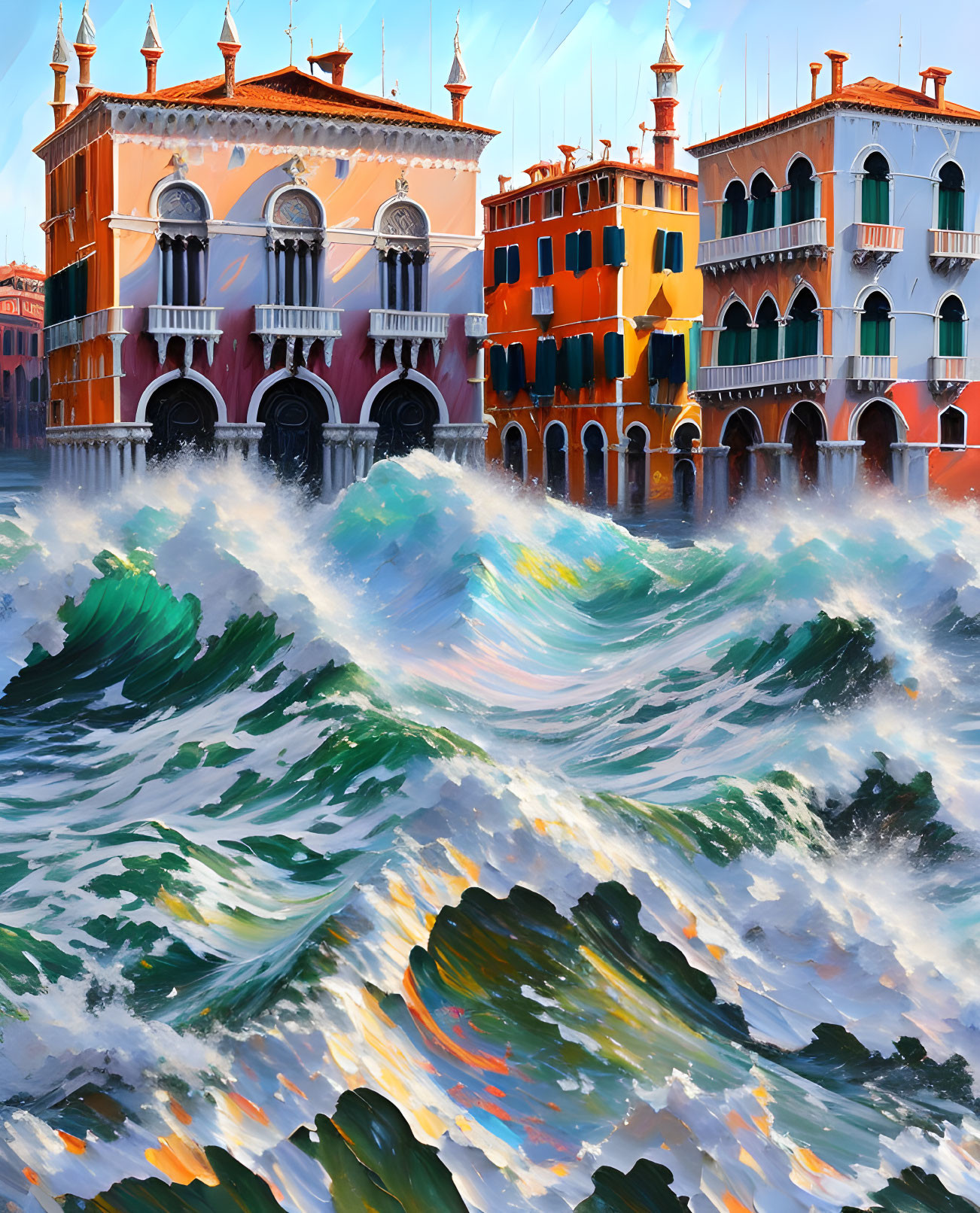 Colorful painting of waves crashing against Venetian buildings.