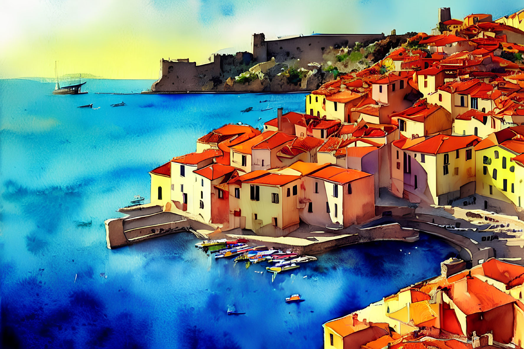 Picturesque Seaside Village with Terracotta Roofs and Castle on Hill