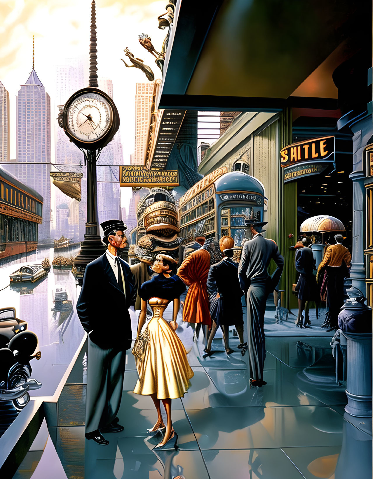 Vintage attire, elevated trains, art deco architecture, and ornate clock in retro-futuristic city