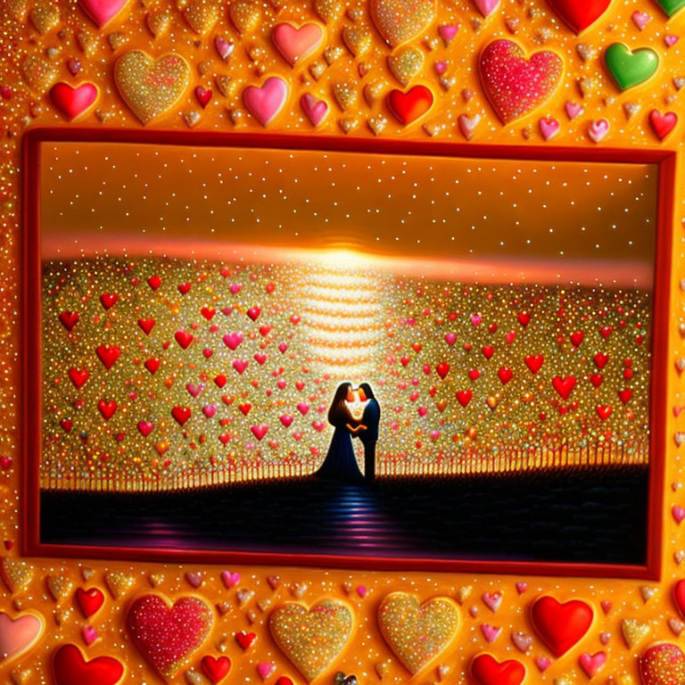 Silhouette couple embracing on hearts background with heart border