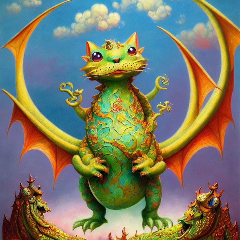 Colorful Painting of Rotund Dragon Surrounded by Smaller Dragons