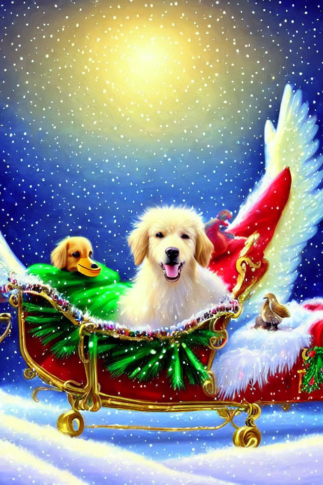 Festive scene: Two joyful dogs in a sleigh with snowy backdrop and glowing lights