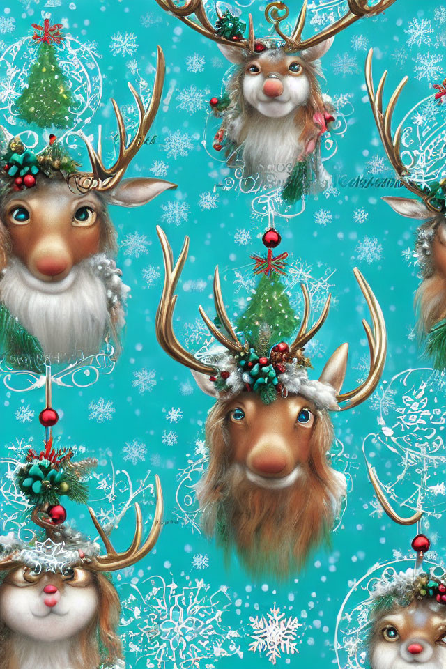 Whimsical reindeer with festive decorations on turquoise background