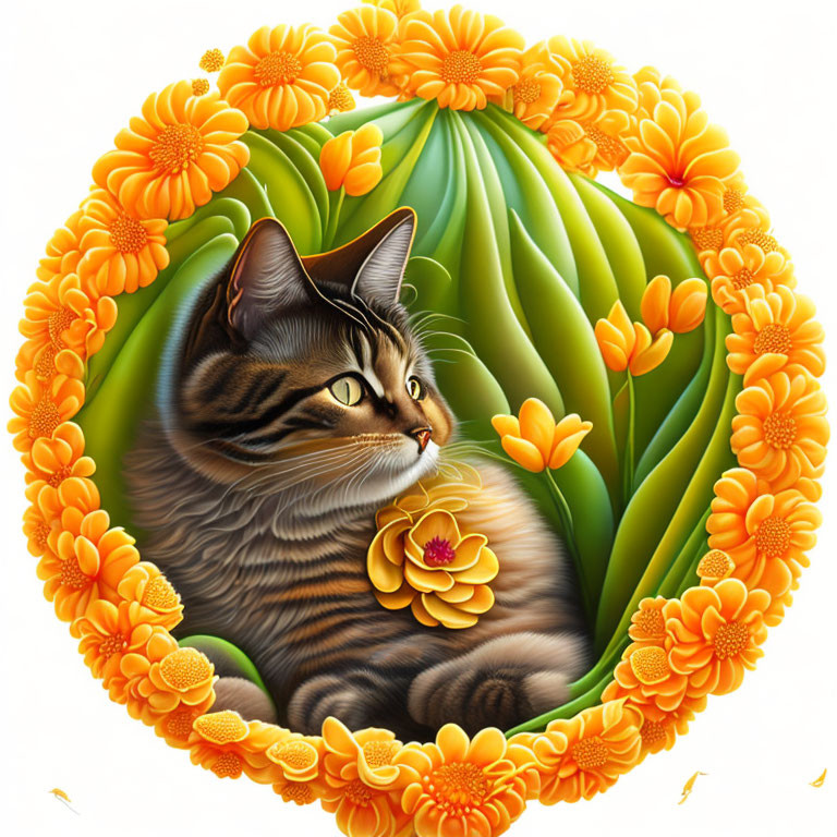 Tabby Cat with Flower in Orange and Green Floral Frame