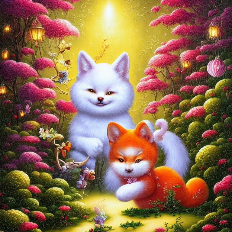 Vibrant fantasy cats in colorful garden with lanterns & oversized flowers