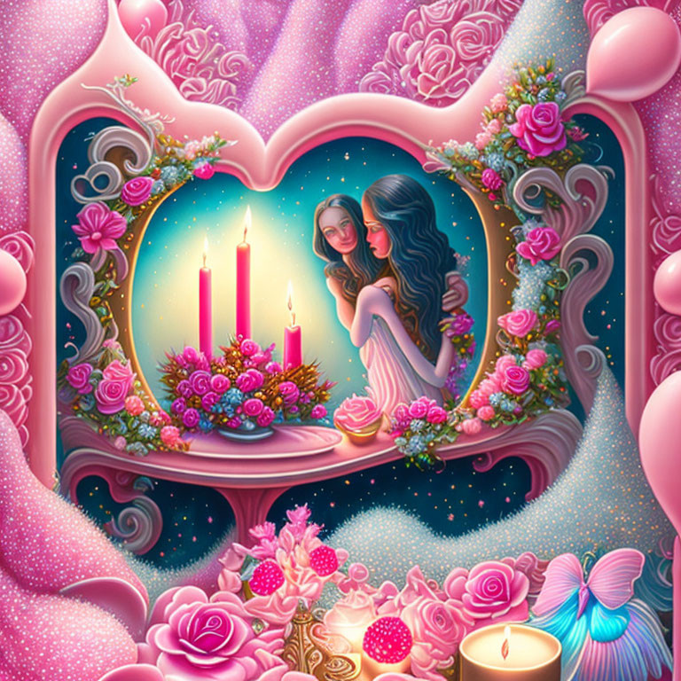 Illustration of woman in heart frame with roses, candles, and butterfly in dreamy pink ambiance