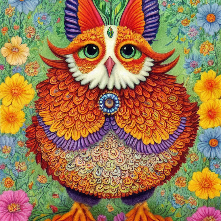 Colorful Owl Illustration with Floral Patterns