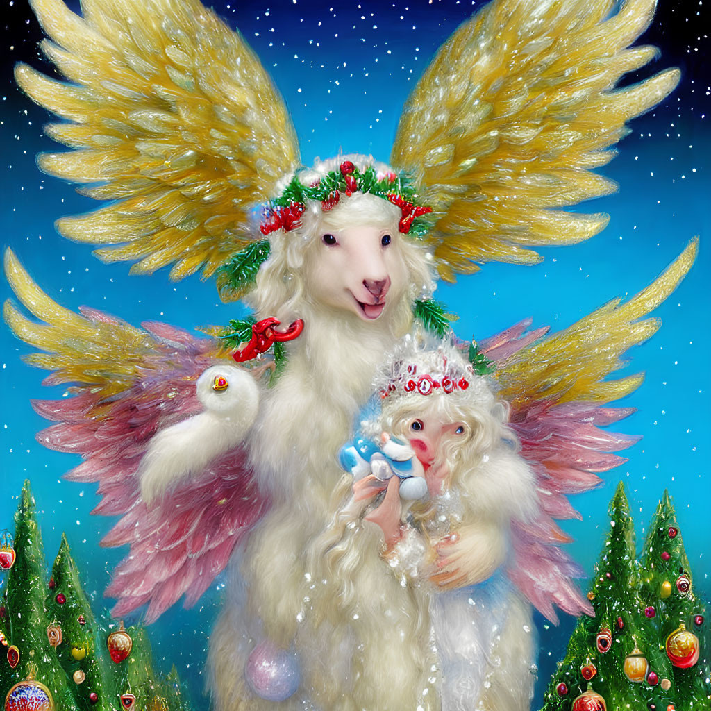 Festive winged sheep illustration with angelic wings and Christmas decor.