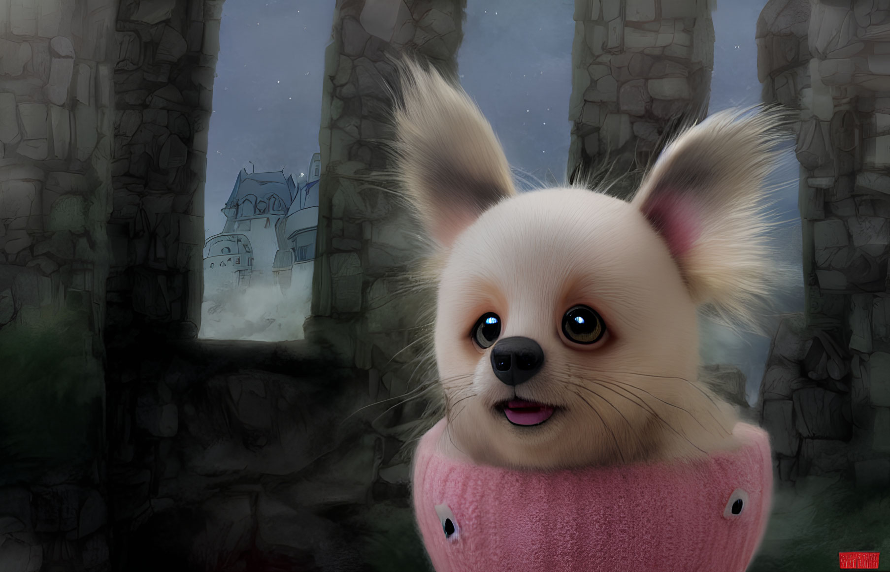 Fluffy Dog in Pink Sweater Amid Mystical Ruins and Castle