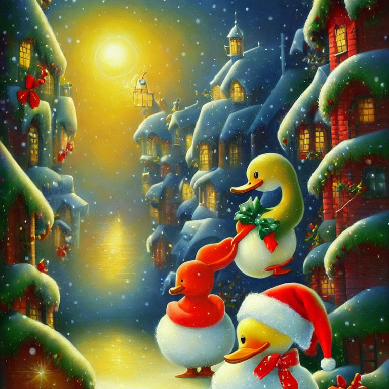 Three cartoon ducks in snowy scene with decorated houses under moonlit sky