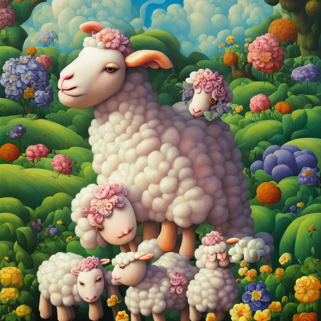 Illustration of Fluffy Sheep Among Vibrant Floral Landscape