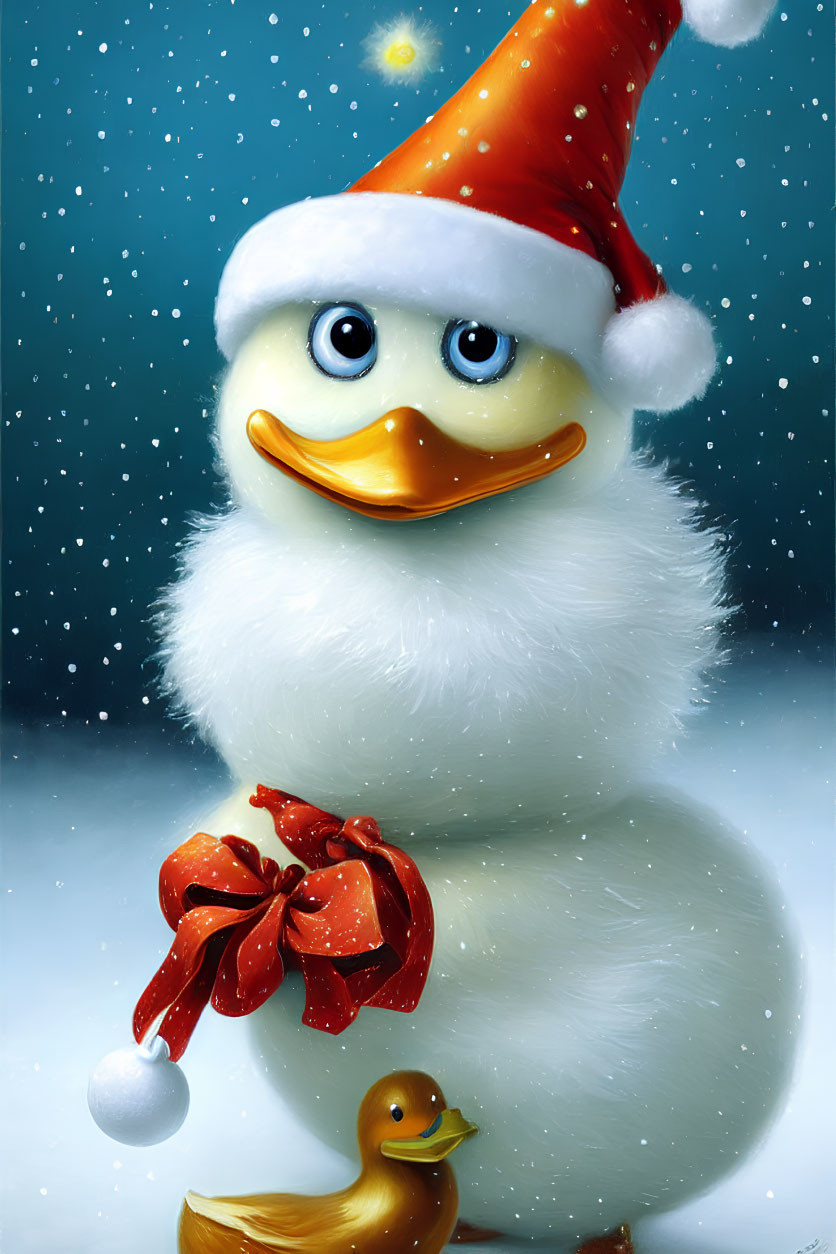 Cheerful Santa Hat Cartoon Duck with Christmas Ornament in Snowy Scene