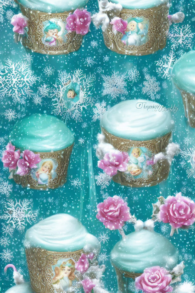 Four angelic cupcakes on snowy turquoise background with snowflakes and pink roses