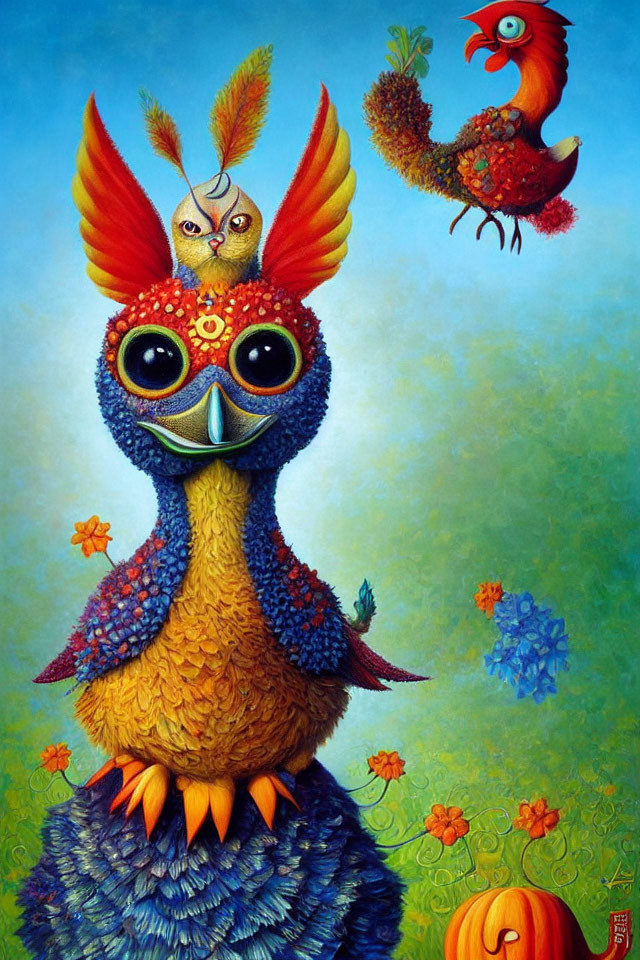 Colorful fantastical bird creature painting with whimsical details