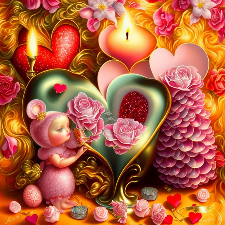 Whimsical character surrounded by hearts, roses, and candles in red, pink, and gold palette