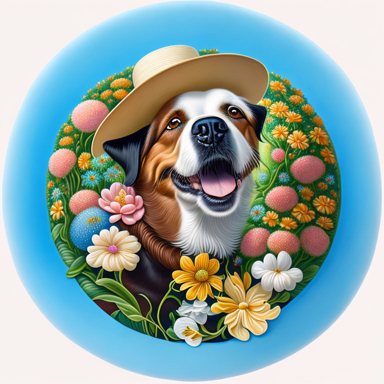 Colorful Cartoon Dog with Straw Hat Among Flowers and Easter Eggs