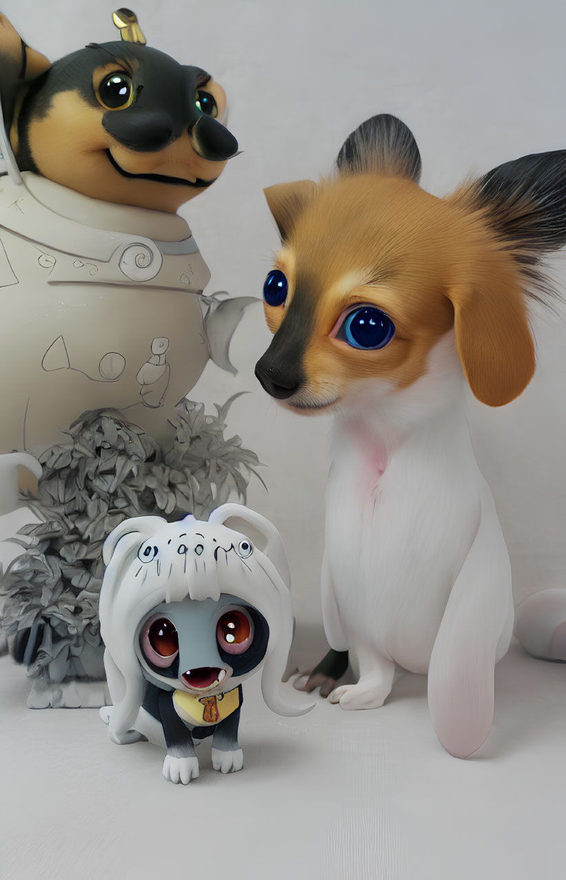 Three stylized canine figurines: robotic, large blue eyes, and sad expression