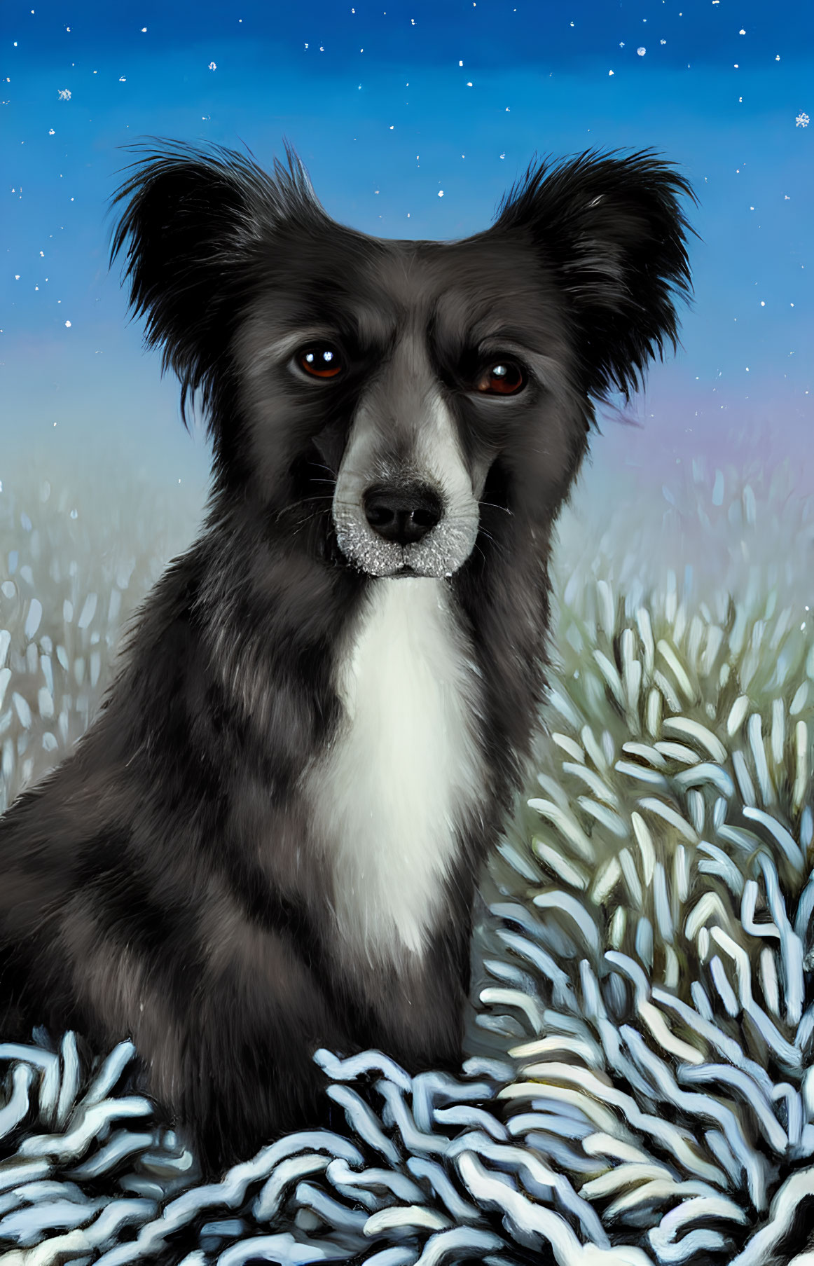 Black and White Dog in Field of White Flowers Under Starry Night Sky